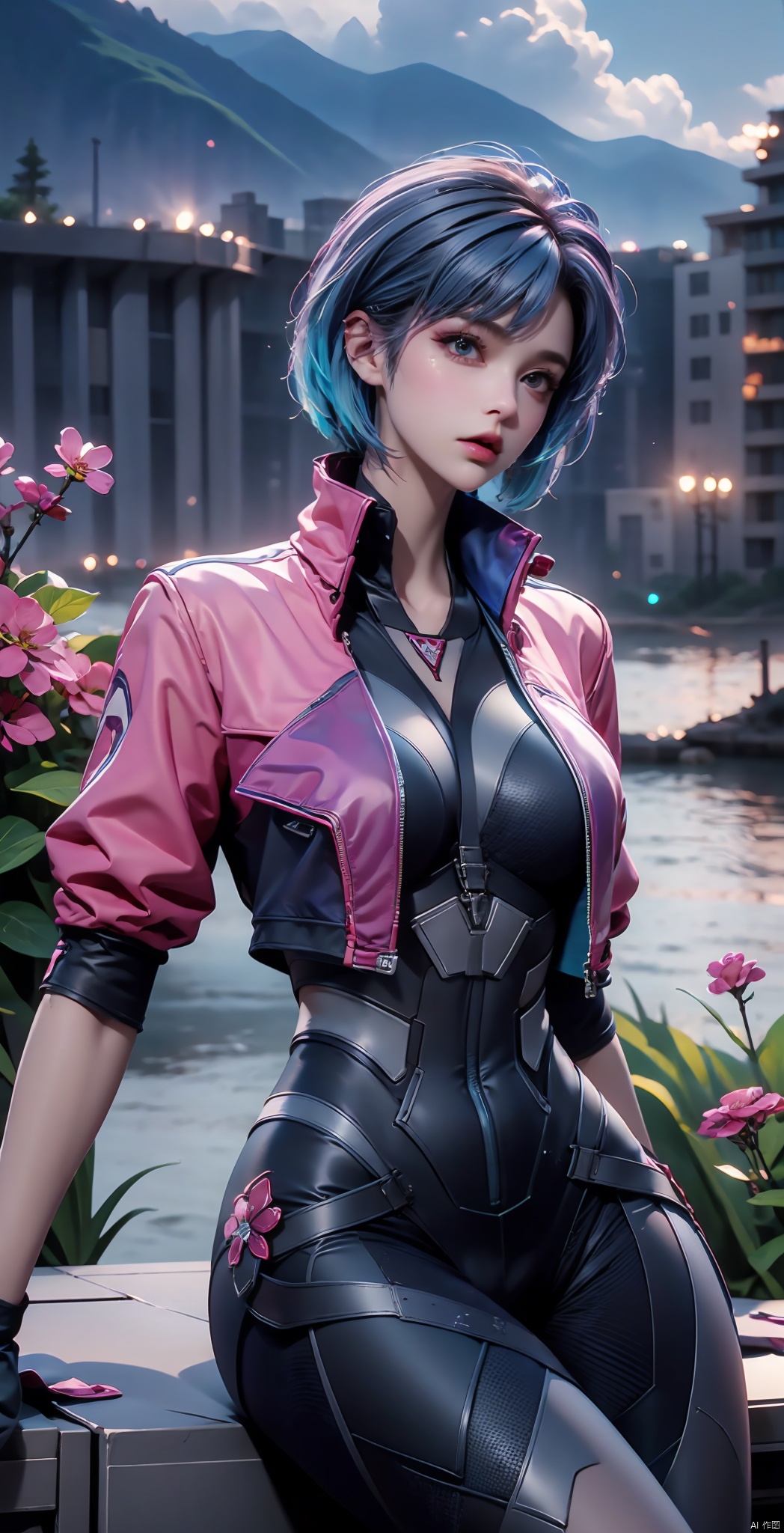 Still, 1 girl, solo, blue hair, colorful hair, gloves, looking at the audience, jacket, tights, short hair, cropped jacket, science fiction, bodysuit, thigh band, d.va (Overwatch), boots, thigh band, landscape, sky, science fiction, cloudy sky, outdoor, (Flower Field Background: 1.3), (Seated: 1.3), (Original Photo: 1.2), ((Photo Realism: 1.4)) Best Quality, Masterpiece, Illustration, An Extremely Delicate and Beautiful, Extremely Detailed, CG, Unity, 8k Wallpaper, Amazing, Fine Details, Masterpiece, Best Quality, Official Art, Extremely Detailed CG Unity 8k Wallpaper, Ridiculous, Unbelievably Ridiculous, Huge File Size, Ultra Detailed, High Resolution, Extremely Detailed, Beautiful Detail Girl, Cinematic Lighting, 1 Girl, Pale Skin, Tall Female, (Perfect Body Type), Skinny Body, Slender Legs,