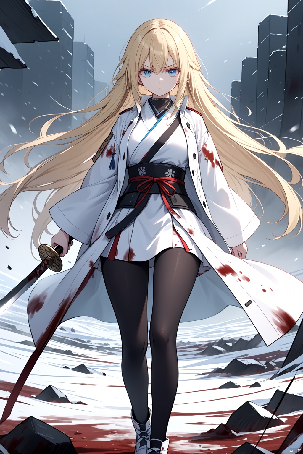  1girl, long hair, blonde hair, hair between the eyes, blonde eyelashes, full breasts, eyebrows visible in the hair, lonely, serious, cold eyes, blue eyes, closed eyebrows, on a bloody battlefield, oncoming, with a samurai sword, a long knife, a white jacket, bloody samurai sword, open jacket, black corset, black leggings, white shoes, covered in blood, bloody hair,distant view,leggy
