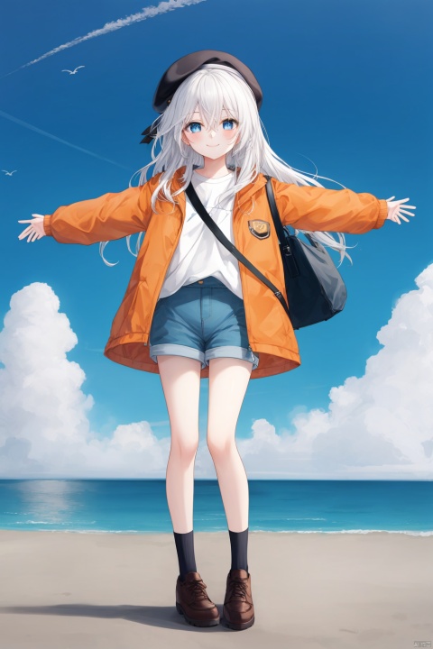 1girl, solo, long hair, looking at viewer, smile, bangs, blue eyes, shirt, long sleeves, hat, holding, hair between eyes, very long hair, closed mouth, standing, jacket, full body, white hair, outdoors, sky, shoes, shorts, socks, cloud, bag, black headwear, ocean, beret, outstretched arms, blue shorts, holding bag, orange jacket