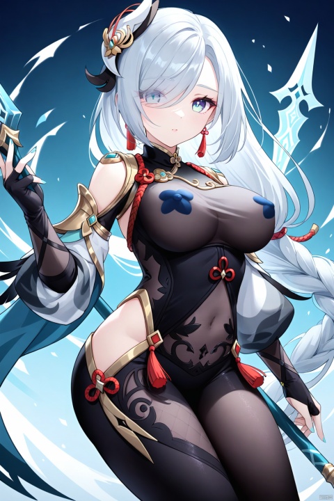 1girl, solo, long hair, breasts, looking at viewer, bangs, blue eyes, large breasts, hair ornament, thighhighs, gloves, bare shoulders, jewelry, very long hair, weapon, braid, white hair, grey hair, thighs, earrings, black gloves, black thighhighs, hair over one eye, polearm, tassel, fishnets, spear, braided ponytail, pasties, holding polearm, fishnet thighhighs, tassel earrings, shenhe \(genshin impact\)