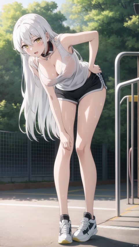 1 girl, white hair, yellow eyes, very long hair, hair between the eyes, campus, playground, sweat all over, panting, hip-covering shorts, very long legs, sneakers, white top, bare arms, bent knees , leaning forward, bending over, holding knees with hands, wide collar, large neckline, breasts and nipples visible through the collar, no bra,