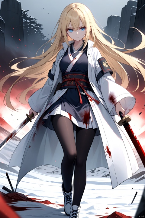  1girl, long hair, blonde hair, hair between the eyes, blonde eyelashes, full breasts, eyebrows visible in the hair, lonely, serious, cold eyes, blue eyes, closed eyebrows, on a bloody battlefield, oncoming, with a samurai sword, a long knife, a white jacket, bloody samurai sword, open jacket, black corset, black leggings, white shoes, covered in blood, bloody hair,distant view,leggy