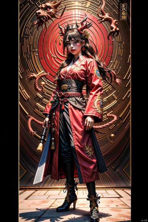 ,endured_face,40岁台湾女,胖加码模特,(杰作,顶级品质,最好的质量,官方艺术),,(分形艺术:1.1),(丰富多彩的:1.1)(:1.3),最详细的,( dressed in
traditional Chinese attire stands in front of a dreamy red dragon head,wielding a sword, wearing a conical hat,with a handsome posture. The image includes front-facing, half-body,and full-body shots.The picture style is inspired by the Three Kingdoms and the Northern and Southern Dynasties, blending elements of Japaneseculture:1.2),(古风粉色水光纱睡衣),(抽象背景:1.3),(中国传统布艺:1.2),(有光泽的皮肤),(很多颜色:1.4),,(((肥壮))),美丽的曲线。迷人笑容,(((中国传统旗袍,百褶裙,长裙))),圆脸,天际线,(((大胃王))),梨形身体,(((肚子圆润可爱))),体重超过200磅,(,靓丽颜色),色彩鲜明,(((全身fullbody))),(描绘细致),(自然生动),可爱,强烈包裹感。柔软丰满腹部,非常紧身的中国古代的服装,旗袍,精确的人体结构,迷人曲线,（健美的大腿）,（((肥壮))）,（肌肉发达的大腿）,((顶级肖像照片)),(((包裹感))),强烈震撼力,超级的细节,疯狂的精细度,电影照明,工作室质量,高清,丁达尔效应,写实,细腻皮肤, Angel, nai3, 1 girl, (\shuang hua\), pink fantasy, hzbz, 372089