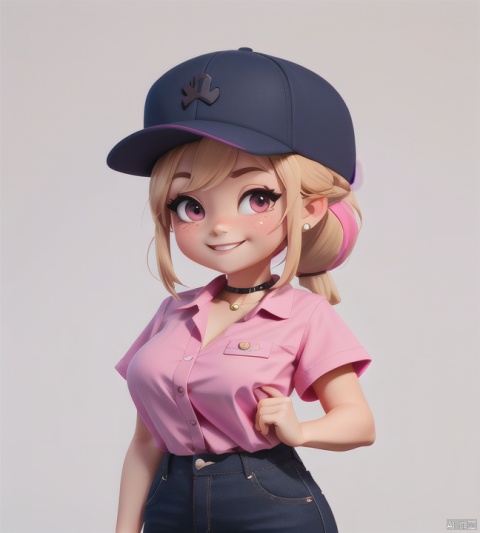 A young shopgirl, big boobs, solo, portrait, bevel, Single brown ponytail, navy blue baseball cap, (pink Open Collar Shirt), black pants, transparent background, smiling at the viewer, chibi, yuan_3D_character