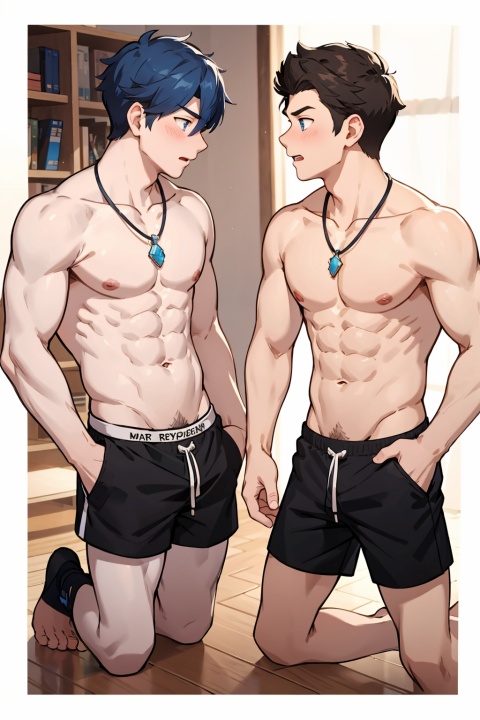  4K,male focus,1boy,abs,handsome boy,jiepadeface,blue eyes,eyes,jiepade,houtufeng,letterboxed,shorts,short hair,blush,full body,eye contact,hands in pockets,necklace,excited,blush,1boy,full body,seiza,nude, lee (gyee), white leggings, leien, mark_bean, skzdhlr, large pectorals, huoyin, kou_minamoto, kiss,Eyes firm, realistic texture,4k,Facial repair, perfect, perfect face, bright eyes,Clear five fingers, kissing,Detail repair, personification of image quality, high-definition repair, character detail repair, hand repair, facial repair, perfect repair,Big eyes, perfect eyes, sapphire like eyes, leg repair, foot repair, Foot repair, three-dimensional facial features, resolute facial features, clear character images, and personification of characters