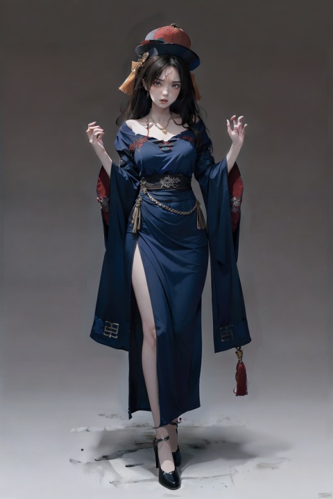  1girl, (jiangshi), solo, china dress, (ofuda on forehead), (qing_guanmao),(The skin color of a corpse:1.4), (angry:1.5), 
long fingernails, talisman, black hair, simple background, braid, long hair, white background, sharp fingernails, qing guanmao, ofuda, necklace, twin braids, green eyes, full body, beads, looking at viewer, jewelry, dress, chinese clothes, red headwear, parted lips, bead necklace, wide sleeves, red miniskirt, tassel, long sleeves, very long fingernails, black footwear, blue fire, pale skin, standing, blue eyes, qing_guanmao, zombi, Chinese zombies, No blood-colored skin, cold shades, Showing tiger teeth,jiangshi,qing_guanmao,fengtimo, littlefat