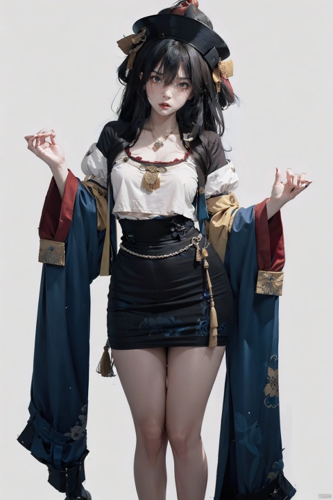  1girl, (jiangshi), solo, china dress, (ofuda on forehead), (qing_guanmao),(The skin color of a corpse:1.4), (angry:1.5), 
long fingernails, talisman, black hair, simple background, braid, long hair, white background, sharp fingernails, qing guanmao, ofuda, necklace, twin braids, green eyes, full body, beads, looking at viewer, jewelry, dress, chinese clothes, red headwear, parted lips, bead necklace, wide sleeves, red miniskirt, tassel, long sleeves, very long fingernails, black footwear, blue fire, pale skin, standing, blue eyes, qing_guanmao, zombi, Chinese zombies, No blood-colored skin, cold shades, Showing tiger teeth,jiangshi,qing_guanmao,fengtimo, littlefat