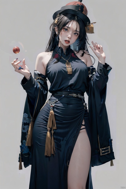  1girl, (jiangshi), solo, china dress, (ofuda on forehead), (qing_guanmao),(The skin color of a corpse:1.4), (angry:1.5), 
long fingernails, talisman, black hair, simple background, braid, long hair, white background, sharp fingernails, qing guanmao, ofuda, necklace, twin braids, green eyes, full body, beads, looking at viewer, jewelry, dress, chinese clothes, red headwear, parted lips, bead necklace, wide sleeves, black dress, tassel, long sleeves, miniskirt, very long fingernails, black footwear, blue fire, pale skin, standing, blue eyes, qing_guanmao, zombi, Chinese zombies, No blood-colored skin, cold shades, Showing tiger teeth,jiangshi,qing_guanmao,fengtimo, littlefat