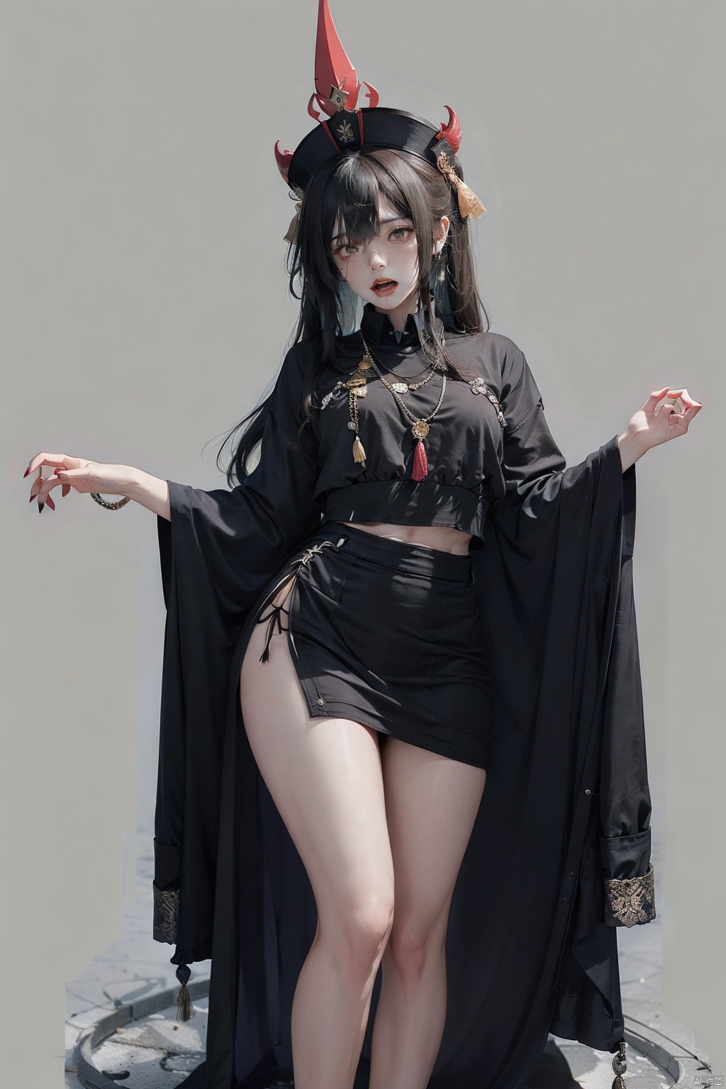 1 girl, simple background, white background, looking at the audience, whole body, (Chinese zombie), solo dance, well-dressed, (symbol on forehead), (green _ crested hair), (skin color of the corpse: 1.4), (anger: 1.5), official hat,
Long black hair, double ponytails, red headdress, green eyes, parted lips, necklaces, bead necklaces, beads, jewels, red Hanfu mini skirts, tassels, long sleeves, long nails, pointed nails, black shoes, blue flames, pale skin, standing, showing tiger teeth,