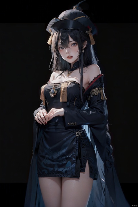  1girl, (jiangshi), solo, china dress, (ofuda on forehead), (qing_guanmao),(The skin color of a corpse:1.4), (angry:1.5), 
long fingernails, talisman, black hair, simple background, braid, long hair, white background, sharp fingernails, qing guanmao, ofuda, necklace, twin braids, green eyes, full body, beads, looking at viewer, jewelry, dress, chinese clothes, red headwear, parted lips, bead necklace, wide sleeves, black dress, tassel, long sleeves, miniskirt, very long fingernails, black footwear, blue fire, pale skin, standing, blue eyes, qing_guanmao, zombi, Chinese zombies, No blood-colored skin, cold shades, Showing tiger teeth,jiangshi,qing_guanmao,fengtimo, littlefat