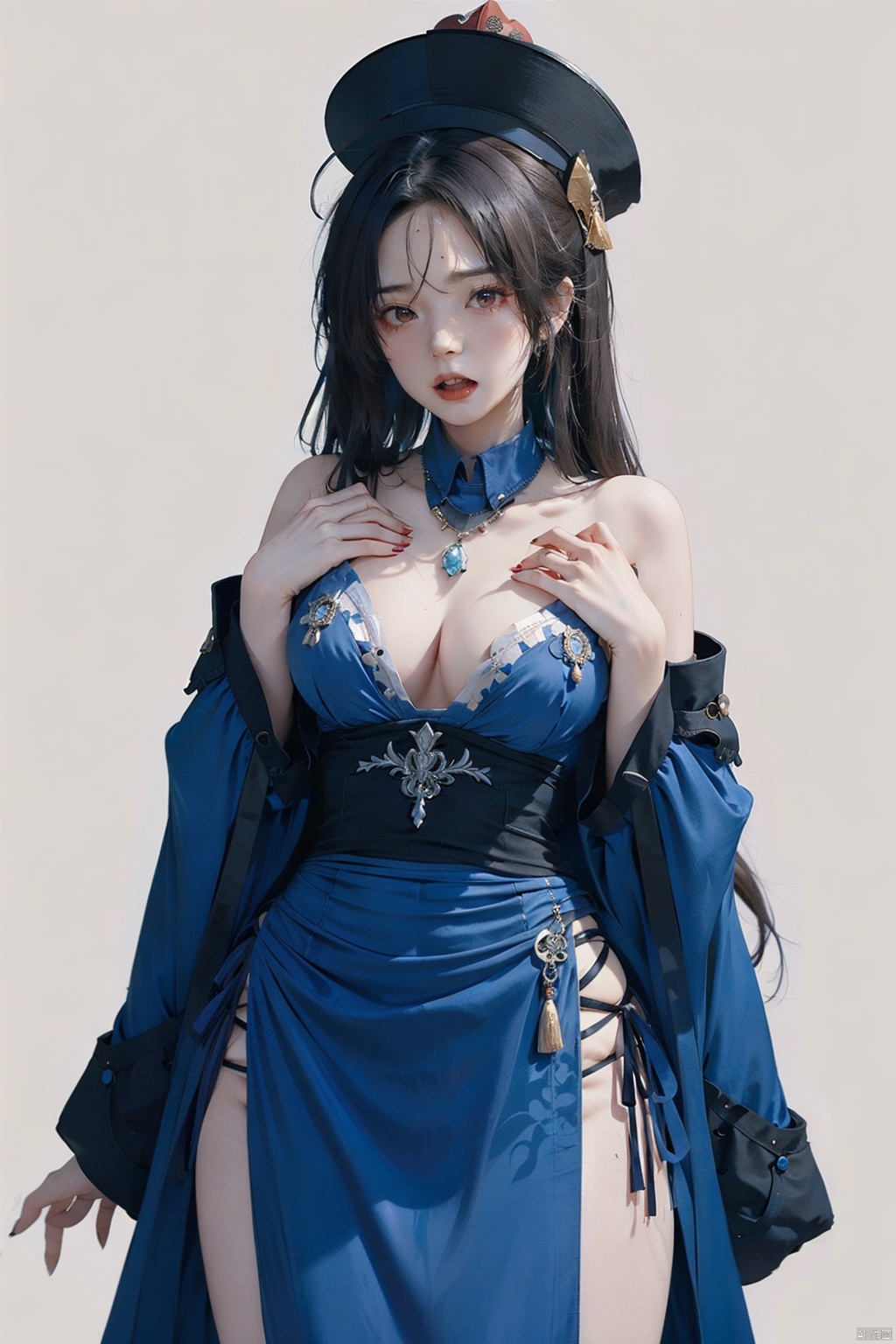 1 girl, simple background, white background, looking at the audience, whole body, (Chinese zombie), solo dance, well-dressed, (the symbol on the forehead), (the skin color of the corpse: 1.4), (Anger: 1.5), Corpse Bride, red official hat of the Qing Dynasty,
Long black hair, double ponytails, red headdress, green eyes, parted lips, necklaces, bead necklaces, beads, jewels, red Hanfu mini skirts, tassels, long sleeves, long nails, pointed nails, black shoes, blue flames, pale skin, standing, showing tiger teeth, littlefat
