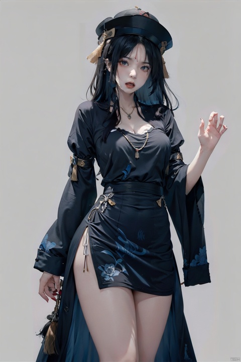  1girl, (jiangshi), solo, china dress, (ofuda on forehead), (qing_guanmao),(The skin color of a corpse:1.4), (angry:1.5), 
long fingernails, talisman, black hair, simple background, braid, long hair, white background, sharp fingernails, qing guanmao, ofuda, necklace, twin braids, green eyes, full body, beads, looking at viewer, jewelry, dress, chinese clothes, red headwear, parted lips, bead necklace, wide sleeves, black miniskirt, tassel, long sleeves, very long fingernails, black footwear, blue fire, pale skin, standing, blue eyes, qing_guanmao, zombi, Chinese zombies, No blood-colored skin, cold shades, Showing tiger teeth,jiangshi,qing_guanmao,fengtimo, littlefat