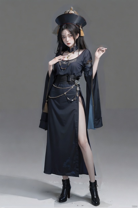  1girl, (jiangshi), solo, china dress, (ofuda on forehead), (qing_guanmao),(The skin color of a corpse:1.4), (angry:1.5), 
long fingernails, talisman, black hair, simple background, braid, long hair, white background, sharp fingernails, qing guanmao, ofuda, necklace, twin braids, green eyes, full body, beads, looking at viewer, jewelry, dress, chinese clothes, red headwear, parted lips, bead necklace, wide sleeves, black dress, tassel, long sleeves, very long fingernails, black footwear, blue fire, pale skin, standing, blue eyes, qing_guanmao, zombi, Chinese zombies, No blood-colored skin, cold shades, Showing tiger teeth,jiangshi,qing_guanmao,fengtimo, littlefat