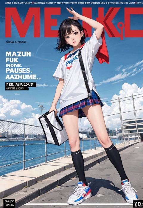 ((masterpiece, best quality,photorealistic,)),(magazine:1.3),(cover-style:1.3), fashionable,vibrant,posing,front,colorful,dynamic,scene,text,cover,attention-grabbing,title,stylish,font,catchy,headline,a girl,standing,miniskirt,kneehighs,sneakers,solo,outdoors,day,bangs,fence,rooftop,blue sky,chain-link fence, cloudy sky, 