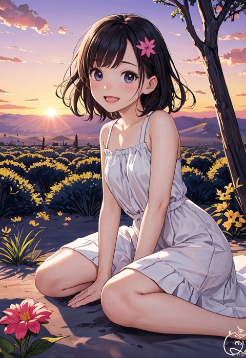  a little girl sat In the desert, taking full body photos and laughing happily. ,The forehead is painted with a six pointed star, powder hair, flowers, Hayao Miyazaki and other small animals. big eyes, long eyelashes, sunset and sunset,naive art, a storybook illustration,dress