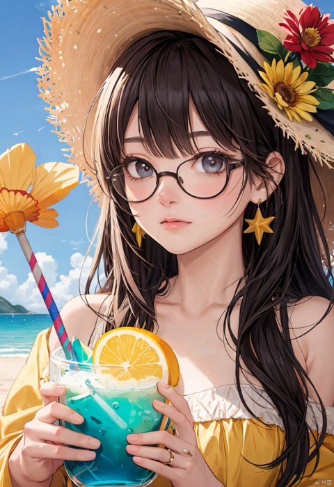 （absurdres, highres, ultra detailed, 1girl, solo, extremely detailed eyes, starfish, seashell, shell, flower, hat, hair ornament, jewelry, straw hat, looking at viewer, sunglasses, hat flower, drinking straw, hairclip, earrings, red flower, tinted eyewear, yellow flower, bangs, english text, multicolored hair, orange flower, black hair, ring, cup, long hair, orange-tinted eyewear, food, brown hair, portrait, shell hair ornament）,full body.