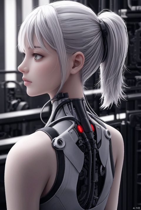 Ghost in Shell,1mechanical girl,((ultra realistic details)), White Hair, Ponytail, portrait,global illumination,shadows,led glow, octane render,8k,ultra sharp,metal,intricate,ornaments detailed,cold colors,egypician detail,highly intricate details,realistic light,trending on cgsociety,glowing to machanical, connected blamera, mechanical vertebra attaching to back,mechanical cervial attaching to neck,sitting,wires and cables connecting to head