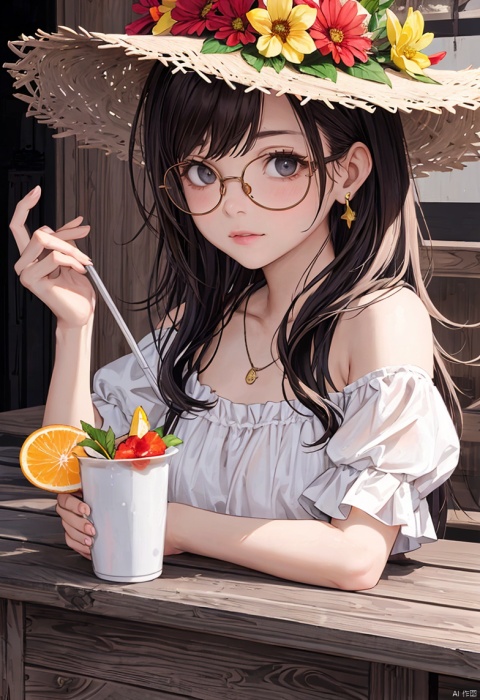 （absurdres, highres, ultra detailed, 1girl, solo, extremely detailed eyes, starfish, seashell, shell, flower, hat, hair ornament, jewelry, straw hat, looking at viewer, sunglasses, hat flower, drinking straw, hairclip, earrings, red flower, tinted eyewear, yellow flower, bangs, english text, multicolored hair, orange flower, black hair, ring, cup, long hair, orange-tinted eyewear, food, brown hair, portrait, shell hair ornament）,full body.