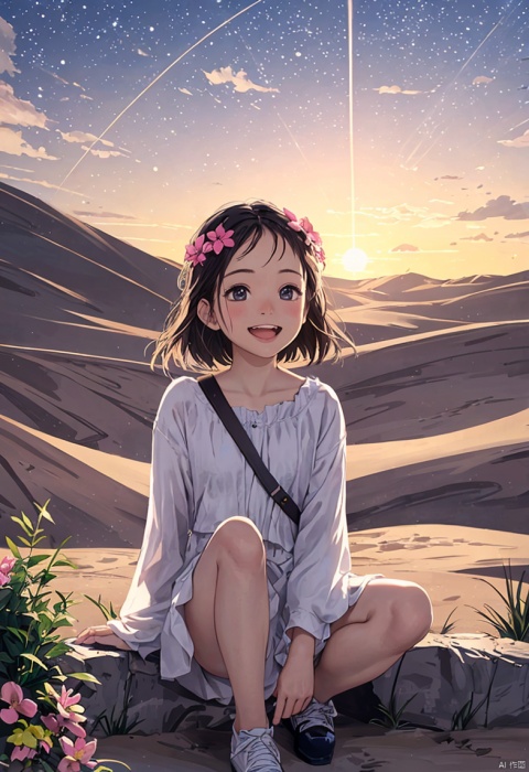  a little girl sat In the desert, taking full body photos and laughing happily. ,The forehead is painted with a six pointed star, powder hair, flowers, Hayao Miyazaki and other small animals. big eyes, long eyelashes, sunset and sunset,naive art, a storybook illustration,dress