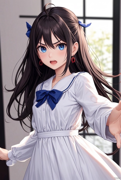 1girl,solo,long hair,jewelry,earrings,open mouth,blue eyes,blush,looking at viewer,bow,pointing at viewer,hair bow,pointing,blurry,white dress,dress,indoors,black hair,red bow,bangs,long sleeves,blurry background,v-shaped eyebrows,depth of field,blue bow,angry,hair between eyes,floating hair,brown hair,outstretched arm,teeth,ahoge,foreshortening,