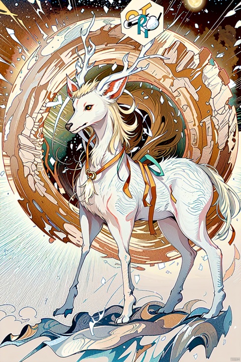  The image is an abstract digital illustration of a white deer with a curled orange ribbon around its neck, standing on a golden hillside with a brown background. The deer is facing the right, its front right leg bent and its left leg stretched forward. There is a large moon behind the deer, and it is surrounded by white clouds. The background is a gradient of brown and orange, with green waves in the foreground.