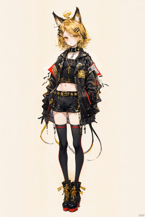 thinbaby,spikes, blonde hair, thighhighs, white background, shorts, 1girl, simple background, spiked collar, tail, short hair, black shorts, spiked bracelet, belt, collar, hair ornament, standing, gloves, looking at viewer, jacket, striped thighhighs, hair over one eye, hairclip, yellow eyes, black footwear, high heels, black gloves, black jacket, animal ears, long sleeves, open clothes, boots, black thighhighs, short shorts, yellow theme, closed mouth, kagamine rin, striped, black headwear, fake animal ears, coat, navel, 1boy, vertical-striped thighhighs, black coat, thin body, full body, solo