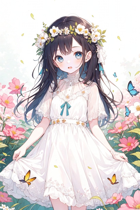  3girl, cute, wearing a wreath and a white dress, , 1 girl,flower ,