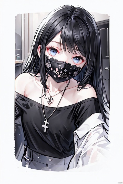  1 very long black hair (flat chest:1.1) girl wearing (black hallow out shirt:1.3) in bathroom (selfie:1.2), mouth mask, necklace, off-shoulder, masterpiece, (beautiful detailed face:1.3), (beautiful detailed background:1.3),