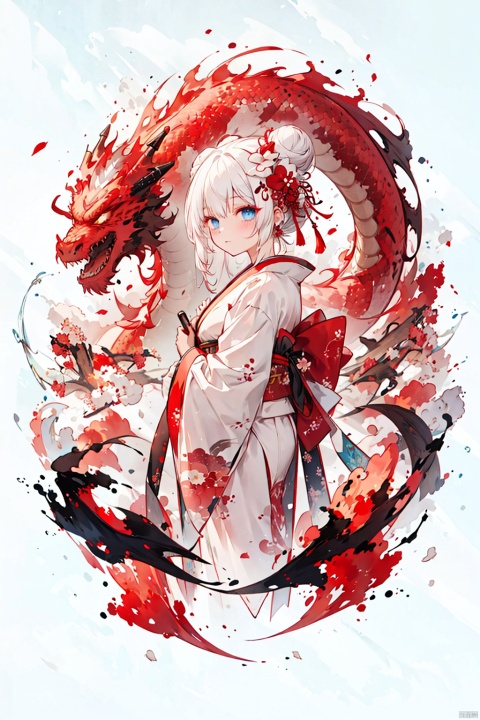  -Dragon and girl, 1girl, dragon, japanese clothes, kimono, white hair, hair ornament, eastern dragon, blue eyes, red kimono, hair flower, hair bun, flower, sash, long sleeves, wide sleeves, obi, solo, petals, bangs, from side, floral print, single hair bun, closed mouth, sidelocks, long hair, red eyes, ribbon, Dragon and girl, Chinese dragon