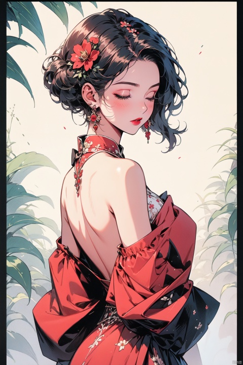 1girl, solo, black hair, hair ornament, long sleeves, dress, bare shoulders, jewelry, closed mouth, closed eyes, upper body, flower, earrings, hair flower, off shoulder, from side, makeup, chinese clothes, red dress, red flower, backless outfit, branch, red lips