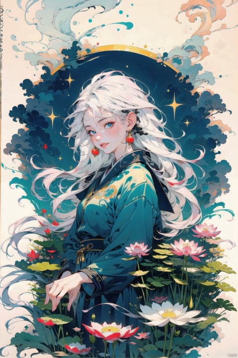 traditional media ,ink sketch, (flat color), (cropped background),
1girl, solo,
white hair, (long hair), hair between eyes, blue starry eyes, floating hair, wind,
light smile, light blush, cupping hands,
[china dress|school uniform], blue clothes, long sleeves, pleated dress, 
(upper body), 
east asian architecture,pond,lotus,mountainous horizon,zydink,