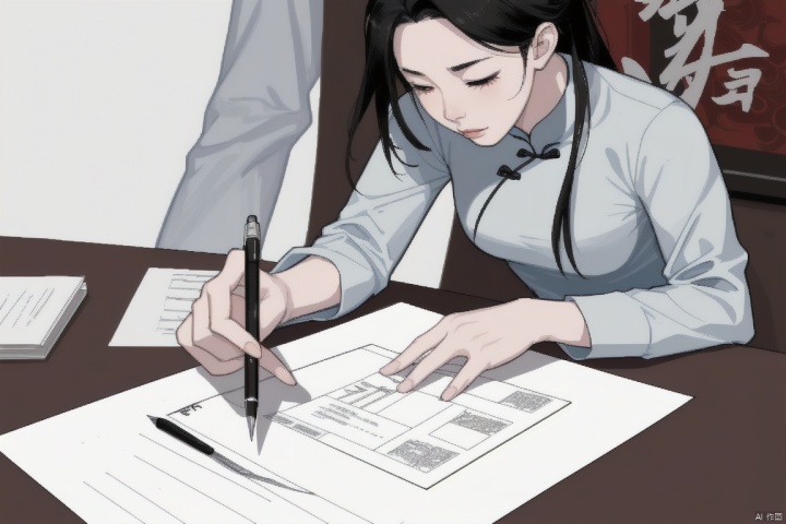 woman signing divorce papers, fresh ink on name, modern Chinese comic style