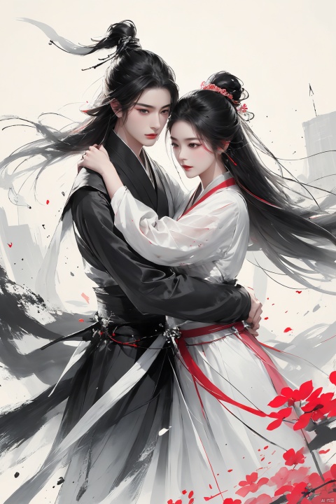  Pencil drawing with colored lead, long black hair, white pink clothes, delicate face, Hanfu, a man and a woman, lovers, embrace each other,Ink scattering_Chinese style, smwuxia Chinese text blood weapon:sw, lotus leaf, (\shen ming shao nv\)