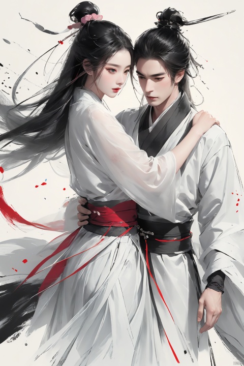  Pencil drawing with colored lead, long black hair, white pink clothes, delicate face, Hanfu, a man and a woman, lovers, embrace each other,Ink scattering_Chinese style, smwuxia Chinese text blood weapon:sw, lotus leaf, (\shen ming shao nv\)