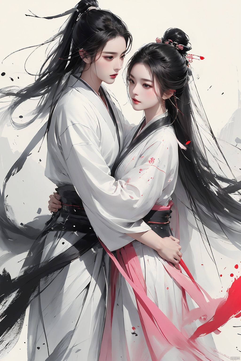  Pencil drawing with colored lead, long black hair, white pink clothes, delicate face, Hanfu, a man and a woman, lovers, embrace each other,Ink scattering_Chinese style, smwuxia Chinese text blood weapon:sw, lotus leaf, (\shen ming shao nv\)