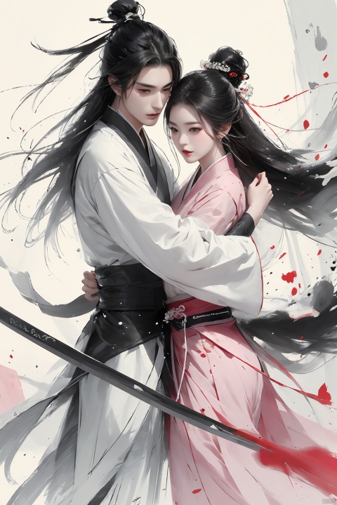  Pencil drawing with colored lead, long black hair, white pink clothes, delicate face, Hanfu, a man and a woman, lovers, embrace each other,Ink scattering_Chinese style, smwuxia Chinese text blood weapon:sw, lotus leaf, (\shen ming shao nv\)