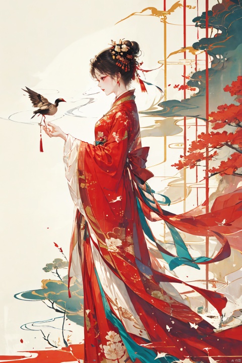  1girl, solo, black hair, hair ornament, long sleeves, holding, standing, full body, wide sleeves, hair bun, from side, cup, profile, bird, chinese clothes, floral print, red dress, single hair bun, holding cup, smoke, red lips, crane \(animal\)