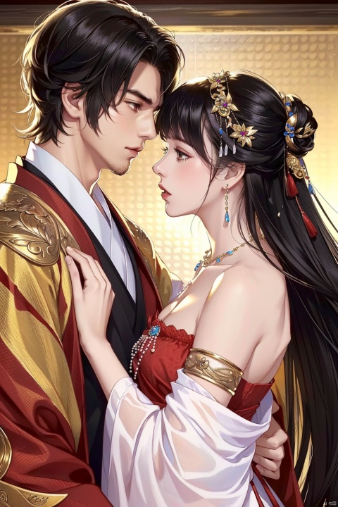  (8k, RAW photo, best quality, masterpiece:1.2),ultra-detailed, extremely detailed cg 8k wallpaper,hatching (texture),skin gloss,light persona,1girl, 1boy, beads,black hair, detached sleeves, jewelry, bald, hetero, hair ornament, petals, looking at another1male, hanfu, , 1girl