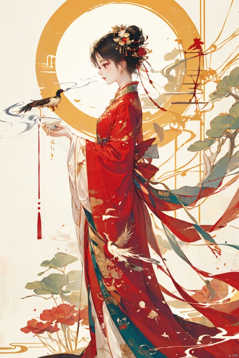  1girl, solo, black hair, hair ornament, long sleeves, holding, standing, full body, wide sleeves, hair bun, from side, cup, profile, bird, chinese clothes, floral print, red dress, single hair bun, holding cup, smoke, red lips, crane \(animal\)