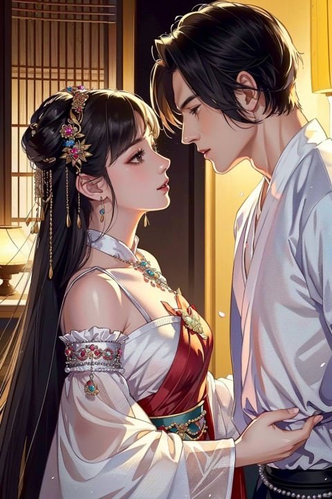  (8k, RAW photo, best quality, masterpiece:1.2),ultra-detailed, extremely detailed cg 8k wallpaper,hatching (texture),skin gloss,light persona,1girl, 1boy, beads,black hair, detached sleeves, jewelry, bald, hetero, hair ornament, petals, looking at another1male, hanfu, , 1girl