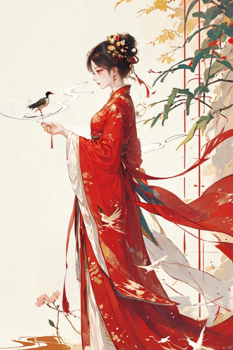  1girl, solo, black hair, hair ornament, long sleeves, holding, standing, full body, wide sleeves, hair bun, from side, cup, profile, bird, chinese clothes, floral print, red dress, single hair bun, holding cup, smoke, red lips, crane \(animal\)