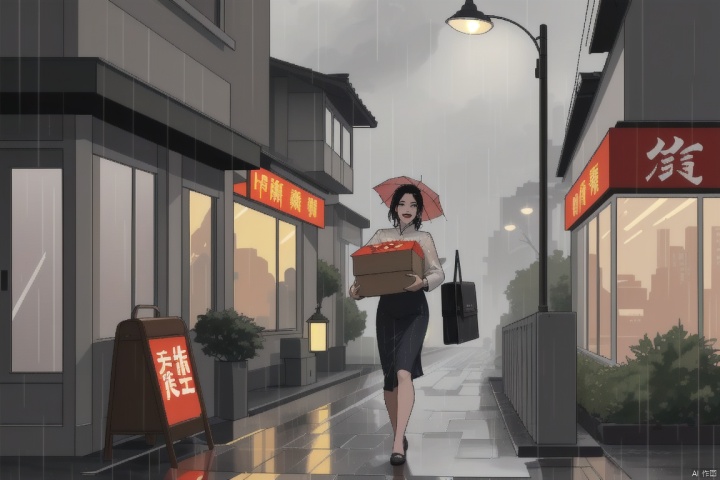 woman carrying a box in the rain, dim streetlights on town street, modern Chinese comic style