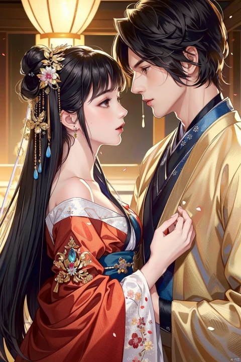  (8k, RAW photo, best quality, masterpiece:1.2),ultra-detailed, extremely detailed cg 8k wallpaper,hatching (texture),skin gloss,light persona,1girl, 1boy, beads,black hair, detached sleeves, jewelry, bald, hetero, hair ornament, petals, looking at another1male, hanfu, , 1girl