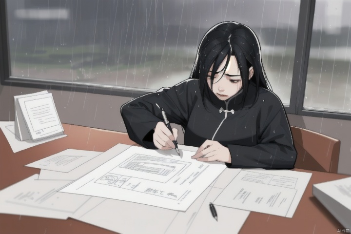 Chinese modern comic style, woman signing divorce papers, simple clothing, scattered documents, pen, blurred rain on window, complex emotions