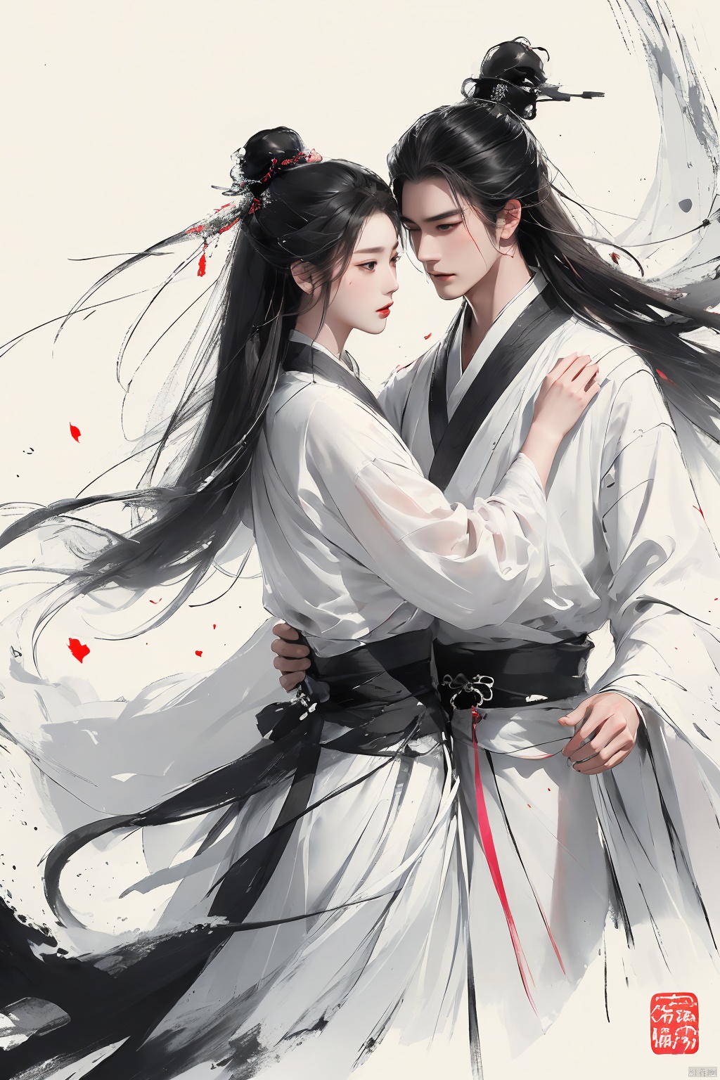  Pencil drawing with colored lead, long black hair, white pink clothes, delicate face, Hanfu, a man and a woman, lovers, embrace each other,Ink scattering_Chinese style, smwuxia Chinese text blood weapon:sw, lotus leaf, (\shen ming shao nv\)