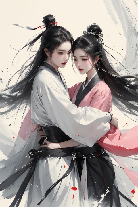  Pencil drawing with colored lead, long black hair, white pink clothes, delicate face, Hanfu, a man and a woman, lovers, embrace each other,Ink scattering_Chinese style, smwuxia Chinese text blood weapon:sw, lotus leaf, (\shen ming shao nv\)