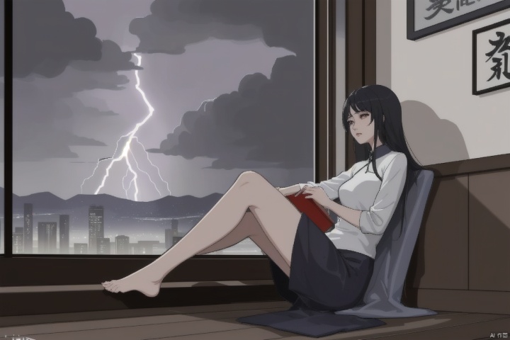 lonely woman sitting indoors, thunderstorm outside, modern Chinese comic style