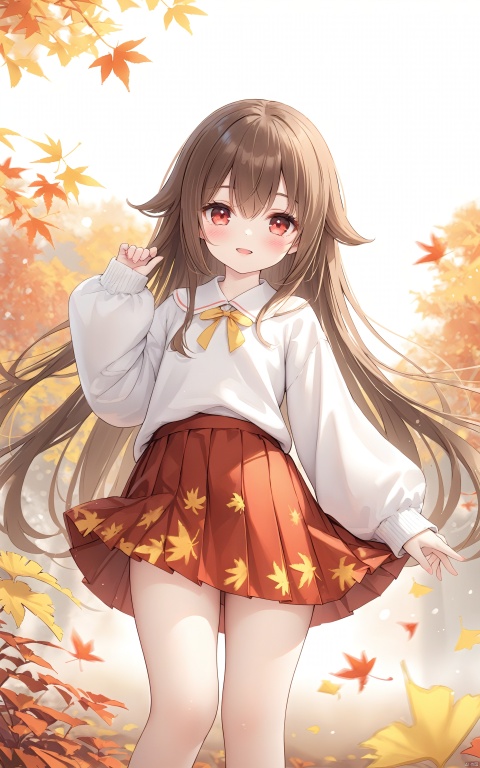 (masterpiece), (best quality), illustration, ultra detailed, hdr, Depth of field, (colorful),loli,1girl, solo, long hair, looking at viewer, blush, smile, bangs, skirt, brown hair, shirt, red eyes, long sleeves, white background, hair between eyes, very long hair, standing, white shirt, pleated skirt, parted lips, puffy sleeves, hand up, sweater, sleeves past wrists, feet out of frame, red skirt, leaf, hair flaps, puffy long sleeves, white sweater, autumn leaves, maple leaf, ginkgo leaf
