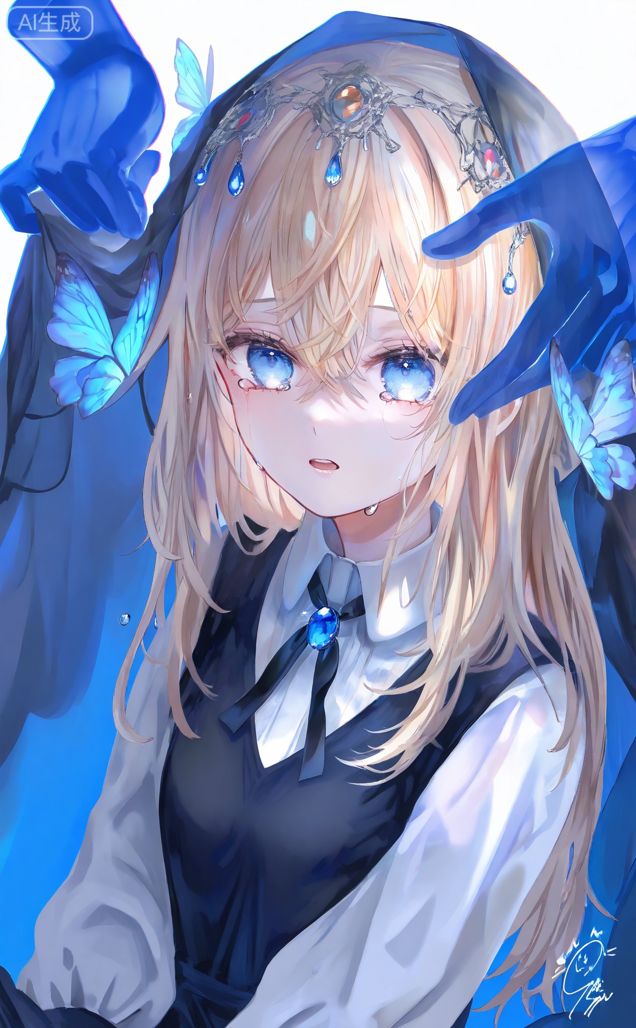 masterpiece,absurdres,best quality,petite,high quality,chromatic_aberration,fair_skin,
//,
blue_butterfly, 1girl, bug, blue_eyes, butterfly, blonde_hair, dress, signature, hair_between_eyes, long_hair, gem, veil, black_dress, pinafore_dress, long_sleeves, shirt, parted_lips, white_background, solo, white_shirt, crying_with_eyes_open, tears, flower, crying, sleeveless_dress, solo_focus, upper_body, looking_at_animal, open_mouth, collared_shirt, simple_background, sleeveless, blue_gemstone, blue_flower, out_of_frame, disembodied_limb, crossed_bangs, blue_theme, ribbon, looking_at_viewer, neck_ribbon, black_ribbon