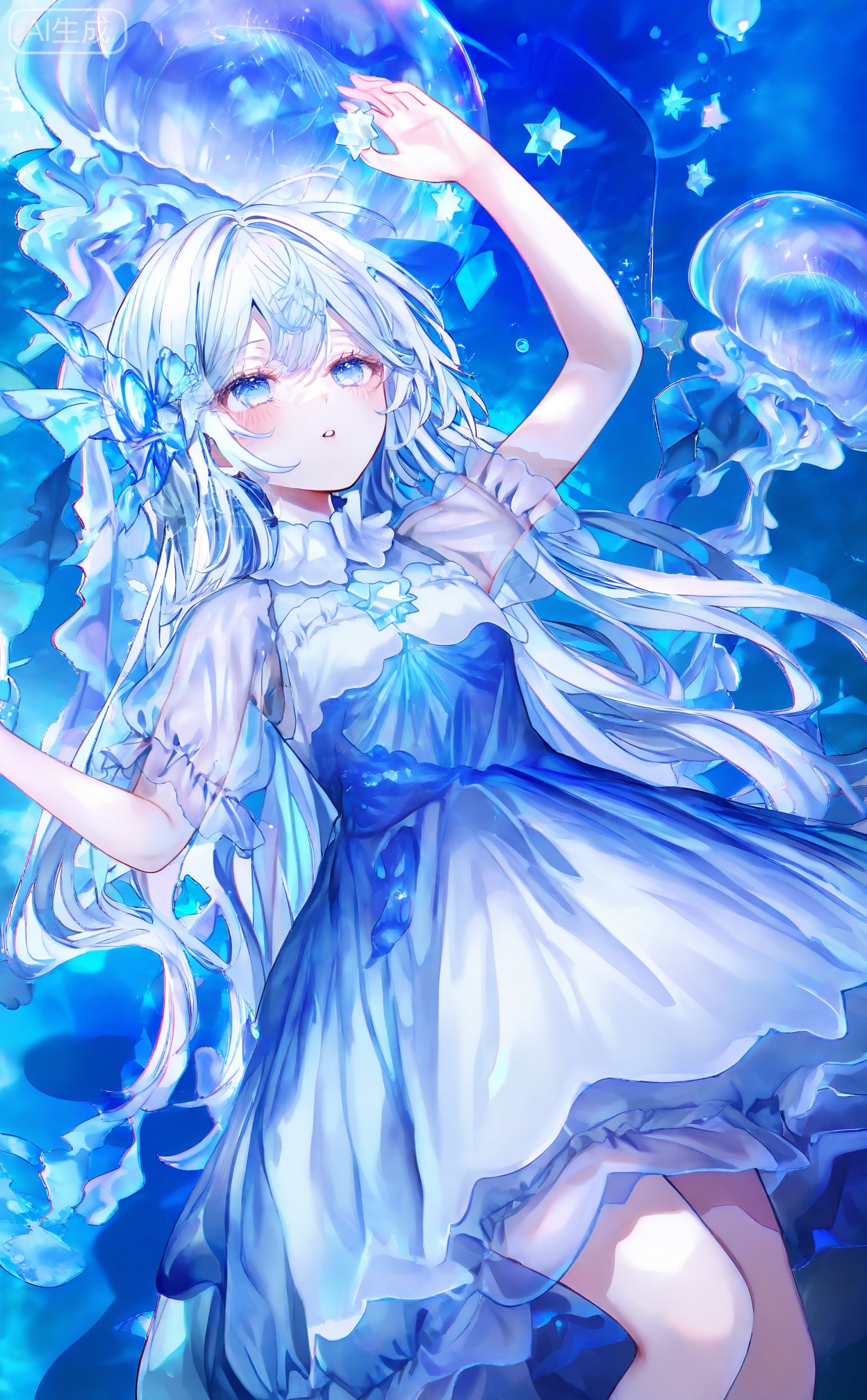 masterpiece,absurdres,best quality,petite,high quality,chromatic_aberration,fair_skin,
//,
1girl, jellyfish, solo, blue_eyes, dress, blue_theme, long_hair, parted_lips, see-through_sleeves, watermark, white_dress, looking_up, blue_hair, blue_dress, short_sleeves, blue_background, arm_up, white_hair, see-through, hair_ornament, holding, gem, bubble, looking_at_object, frills, star_\(symbol\), blush, hand_up, artist_name, underwater, frilled_sleeves, sample_watermark